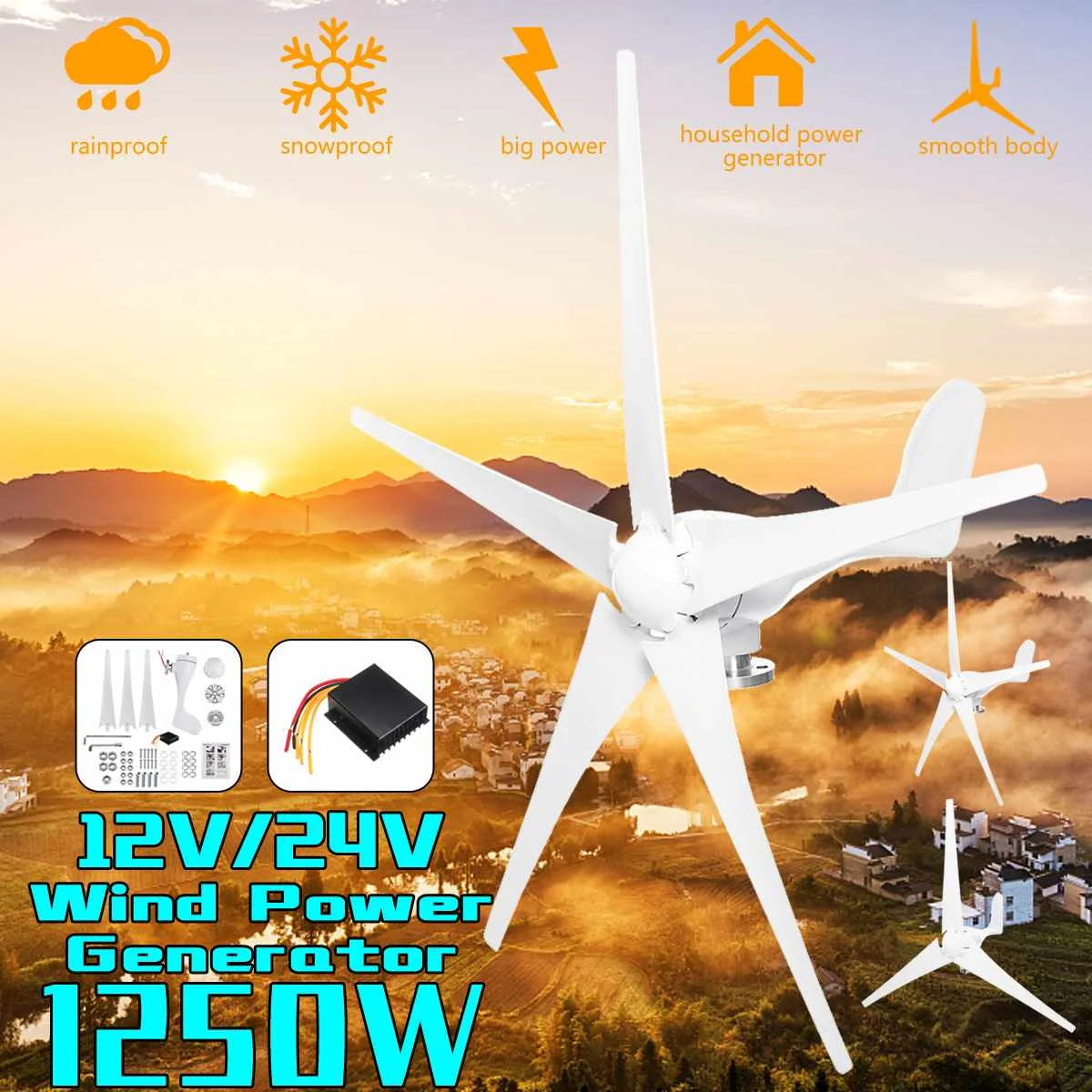 

1250W 12V 24V Wind Power Turbines Generator 3/5 Wind Blades Option With Waterproof Charge Controller Fit for Home Or Camping