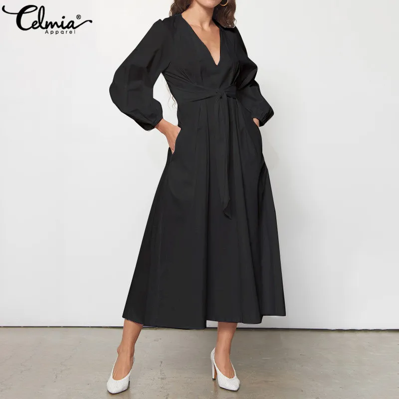 

Celmia Elegant Women Sexy V Neck Maxi Long Dress Plus Size Long Sleeve Belted Casual Loose Solid Pleated Party Vestidos Robe 5XL