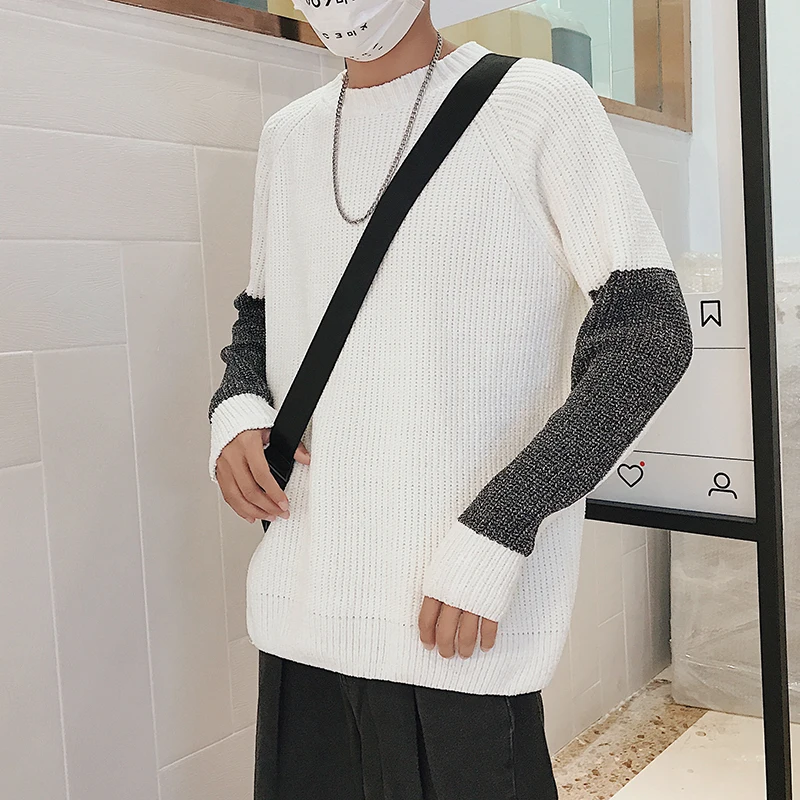 

Fashion Men's Casual Winter New Knit Sweater M-3XL Youth Wild Stitching Contrast Color Round Neck Pullover Loose Personality