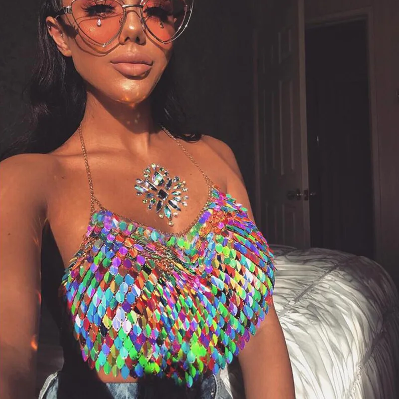 

DEAT Multicolor Sequin Tassel Mermaid Crop Top 2019 Beach Festival Harness Party Bralette Beading Coins Cami Tops women MD469