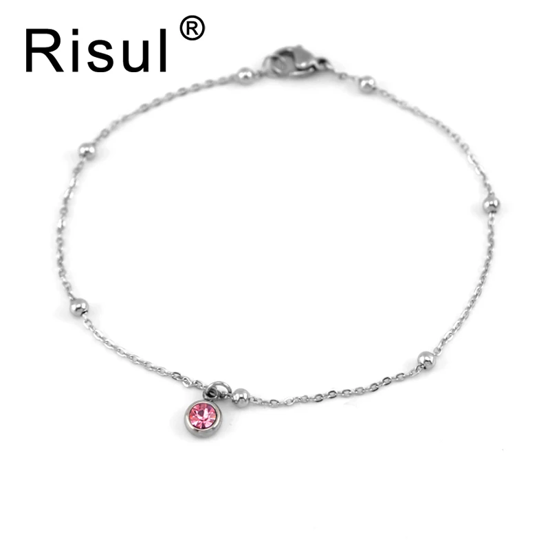 

Risul birth/month stone women lucky stone thin Bracelet space ball Rolo cable chain stainless steel bracelet
