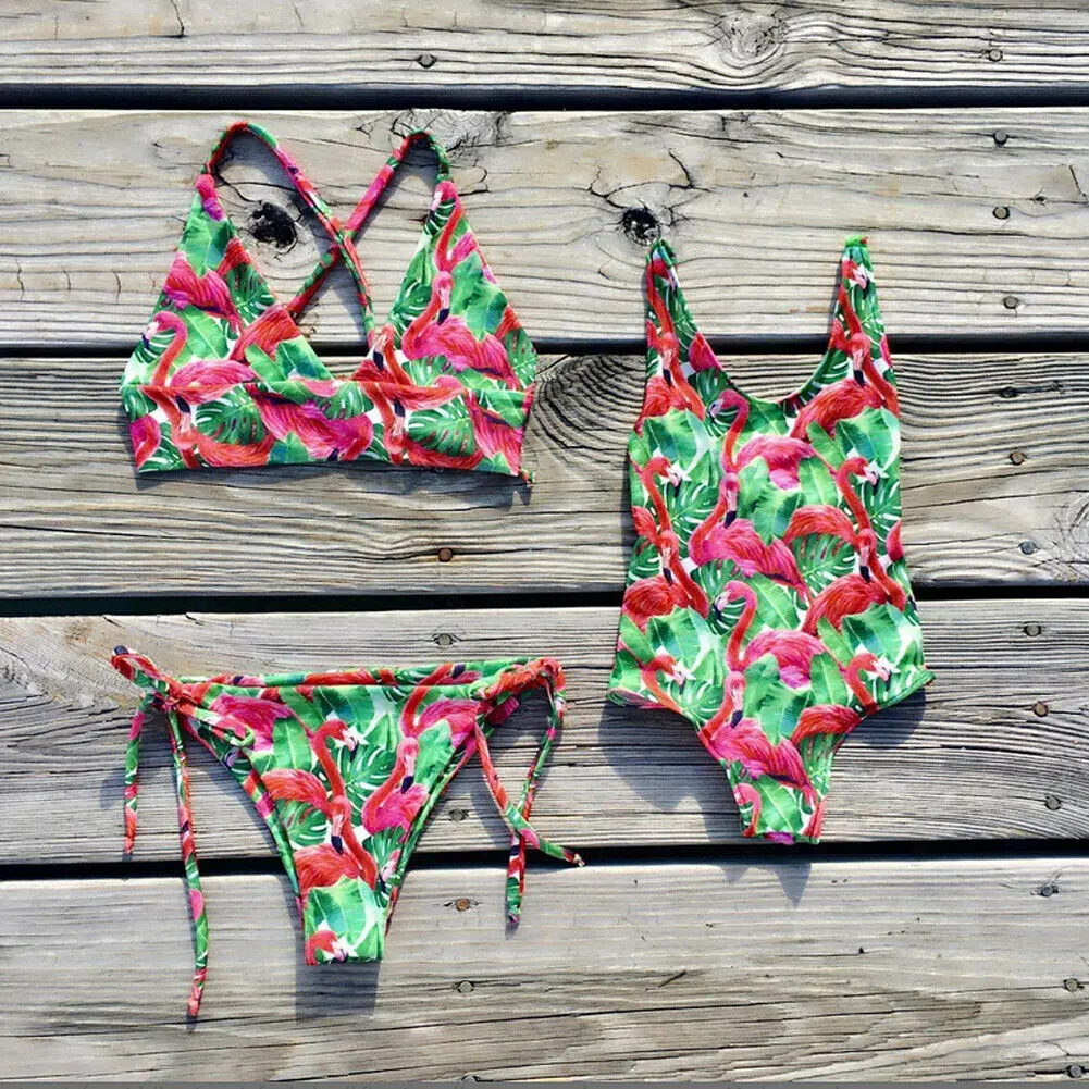 

New Matching Family Bathing Suits Mother Girl Bikini Swimsuit Female Children Baby Kid Flamingo Print Bandage Beach Swimwear