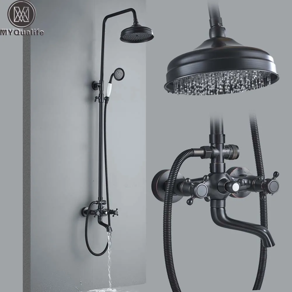 Badkamer Douche Kraan Systeem Zwart Regendouche Mixer Warm En Koud Water Draaibare Uitloop