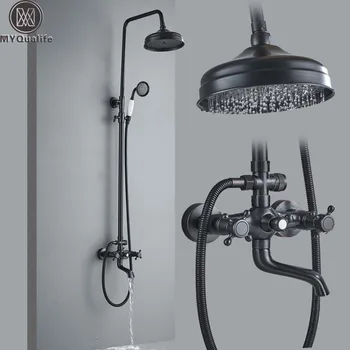 

Bathroom Shower Faucet System Black 8" Rainfall Bath Shower Mixer Faucet Swivel Spout Sliding Bar Shower Column Tap Wall Mount