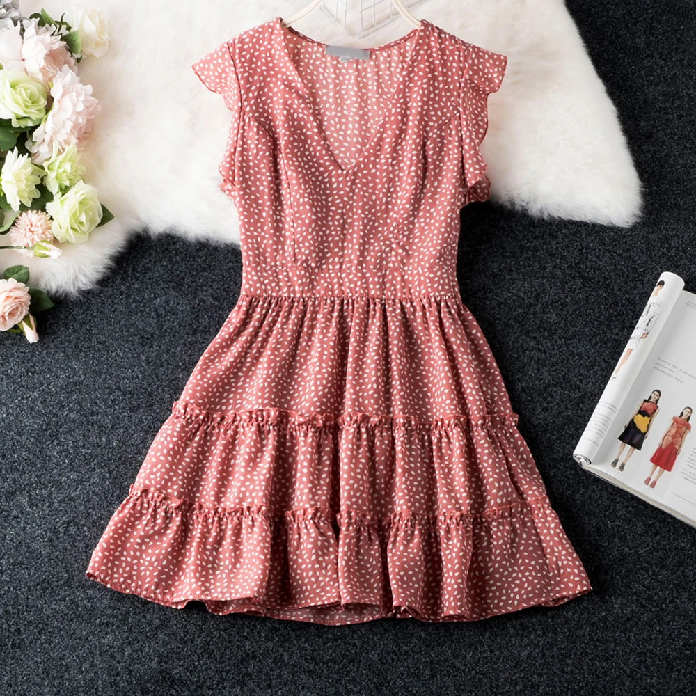 Новое сексуальное пляжное платье с v-образным вырезом, летнее платье с рюшами, элегантное милое платье с большим подолом, элегантное модное корейское розовое платье