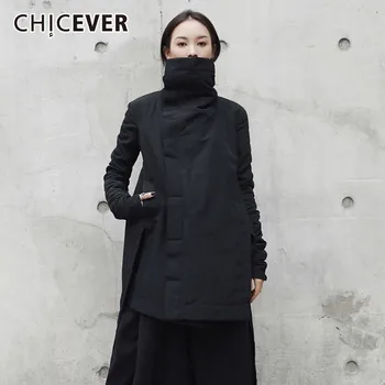 

CHICEVER Winter Women's Park Coat Female Jackets Turtleneck Long Sleeve Asymmetric Hem Black Jacket Fashion Clothing Tide