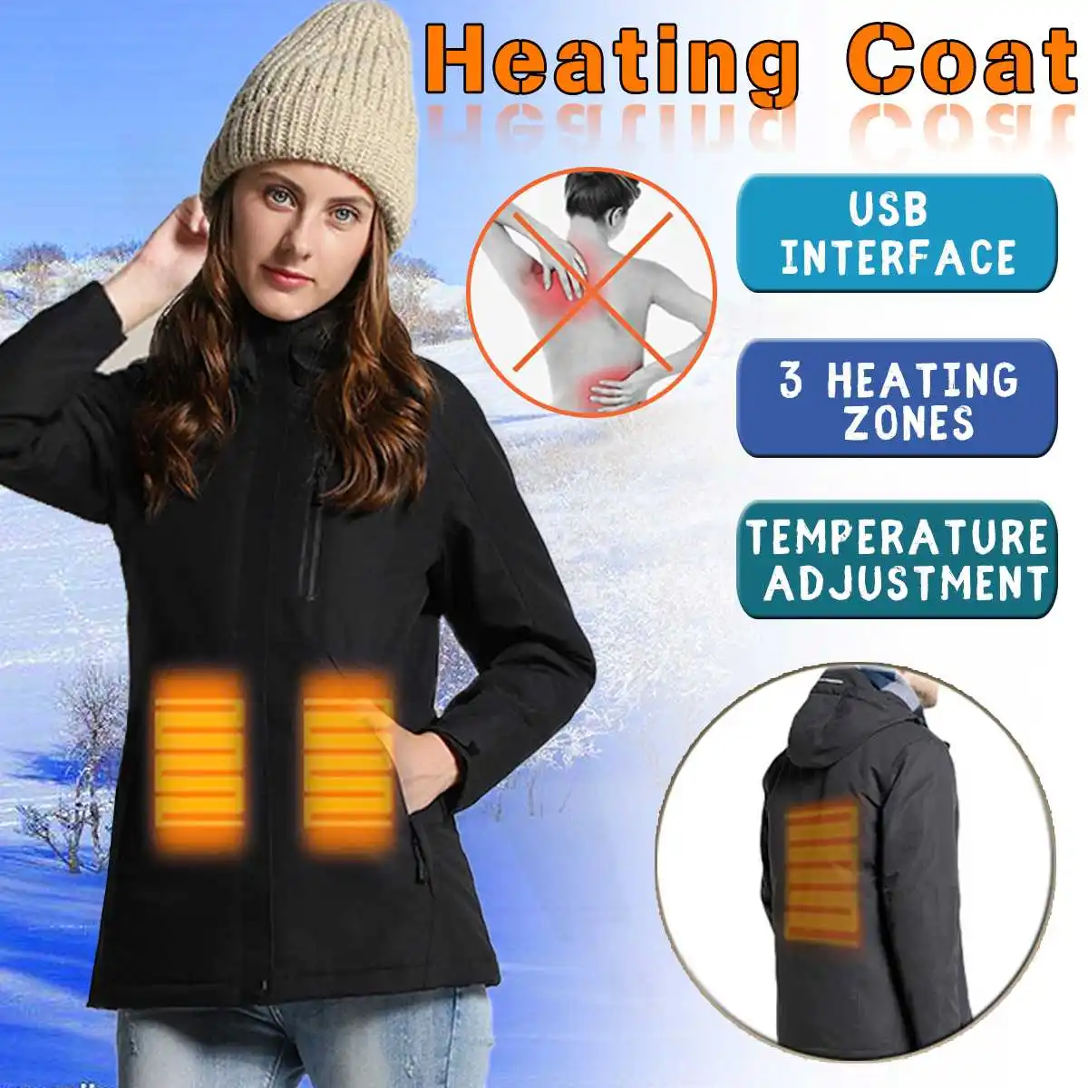 Winter Warm Heating Jackets Women USB Infrared Heating Hooded Jacket