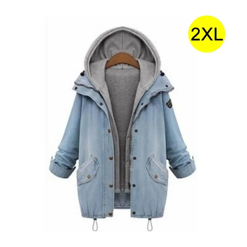 Europe America Two-piece Set Women Denim Jacket Hooded Solid Color Large Size Loose Casual Coat Versatile Comfortable Tops
