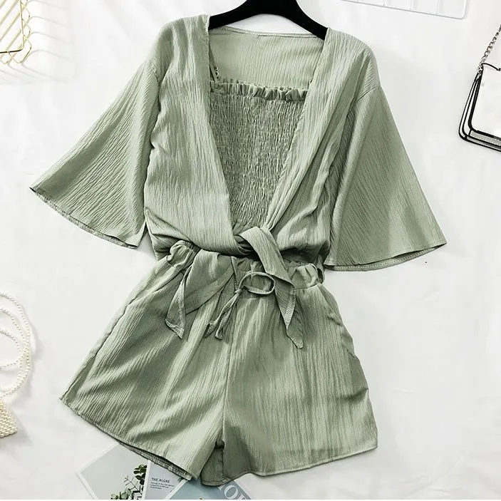 

2019 Summer Women Three Piece Outfits Casual Solid Blouse and Loose Shorts Sets Women Suit