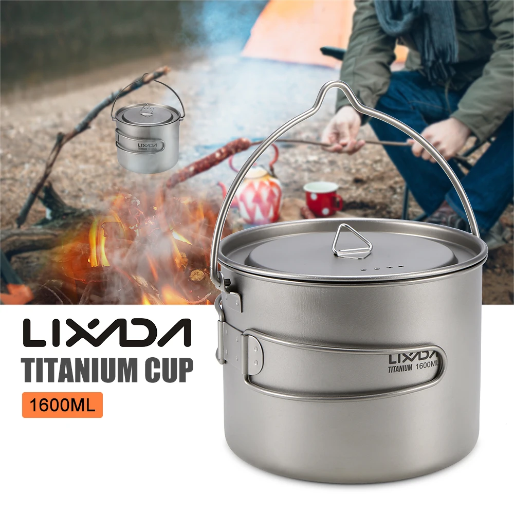 

Lixada 900ml / 1600ml Titanium Cup Pot Ultralight Portable Cup Hanging Pot with Lid and Foldable Handle Outdoor Camping Hiking