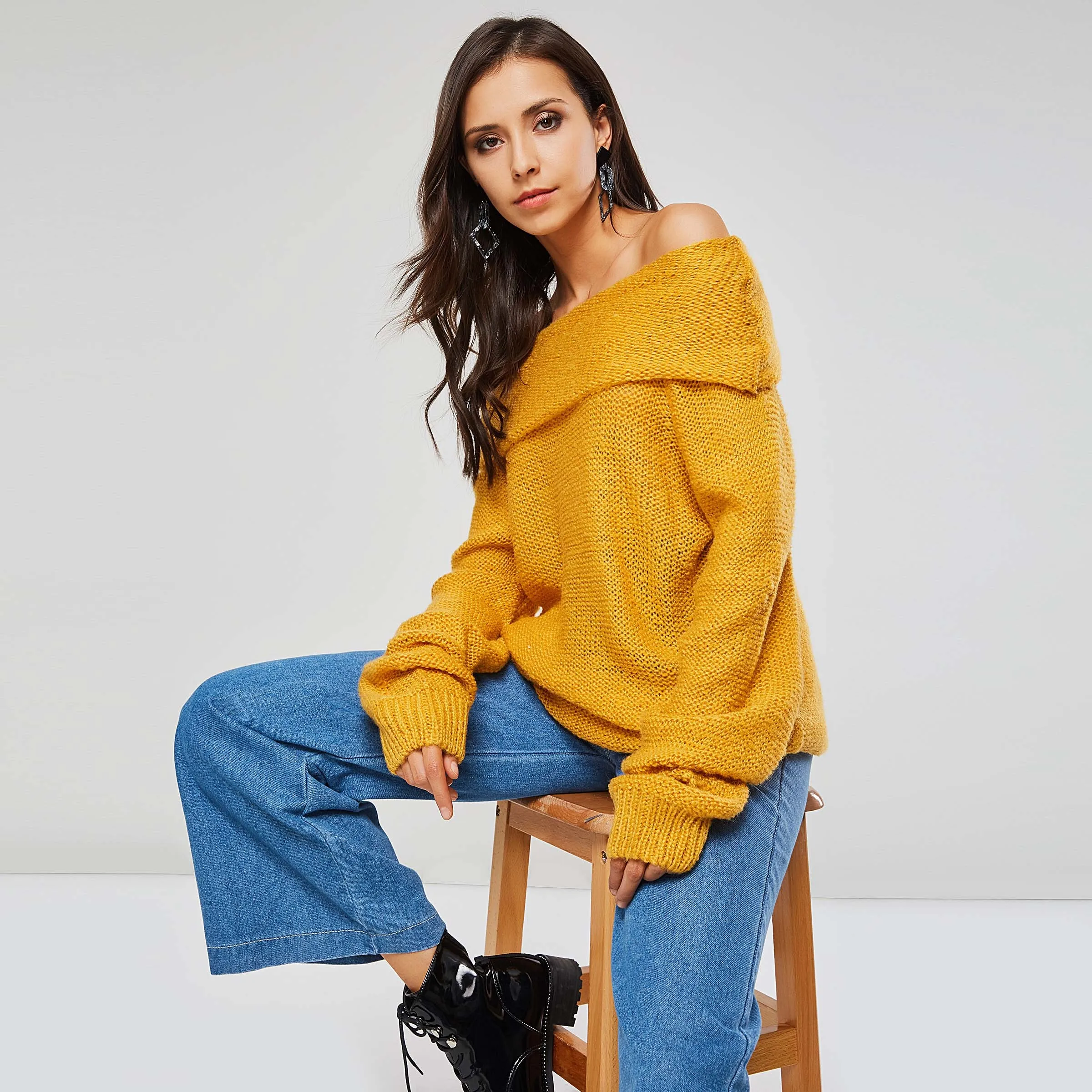 Women Winter Sweaters Casual Boho Yellow Plus Size Loose Pullover Thin Wool Lantern Sleeve Plain Female Fashion OL Tops Knitwear | Женская