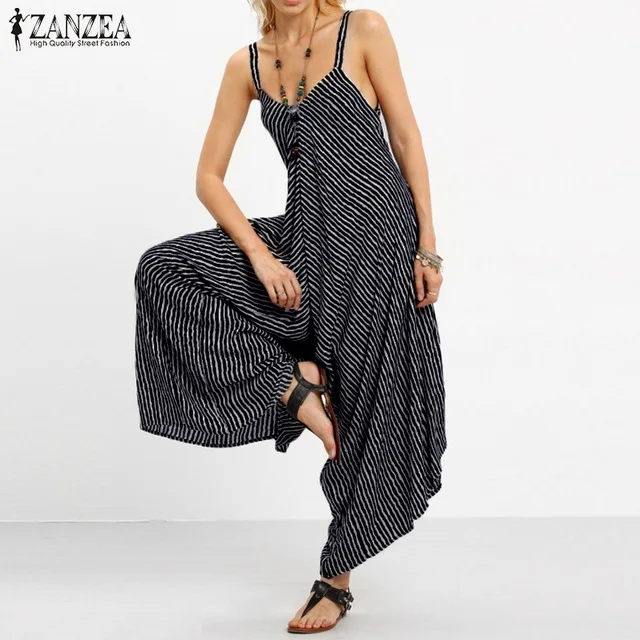 Модель года, женские комбинезоны ZANZEA больших размеров, сексуальный комбинезон без бретелек, повседневные свободные полосатые комбинезоны, пляжная одежда с открытой спиной, летние комбинезоны