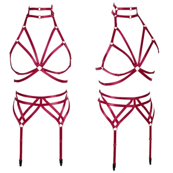 

Punk Gothic Red Harness Bra Set Crop Tops Plus Size Hollow Out Sexy Lingerie Garter Belt Body Cage Dance Festival Rave for Women