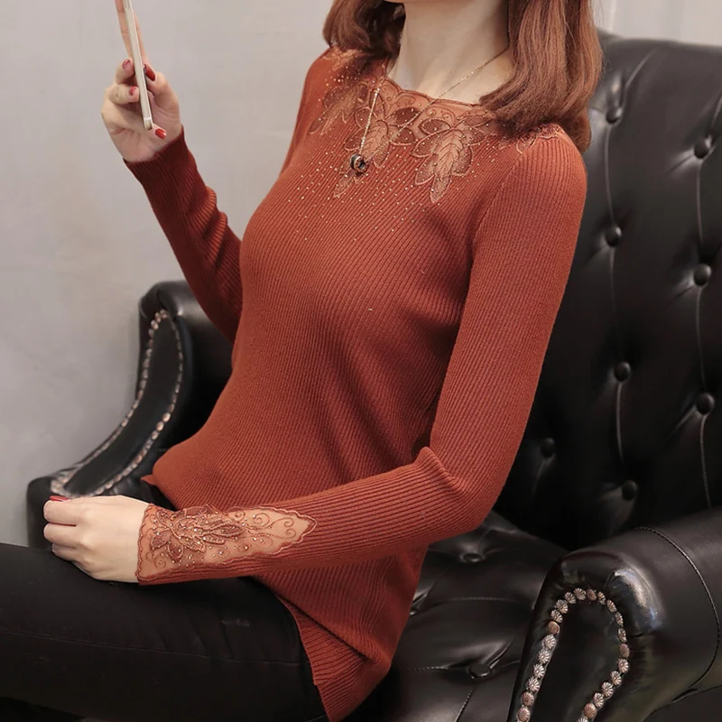 Korean Spring Autumn Women Hollow Out Lace Sweater Female O-neck Long Sleeve Bottoming Slim Knit Pullovers