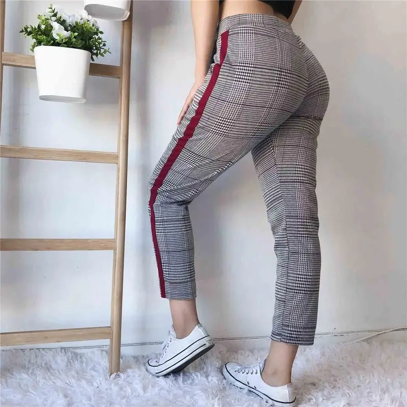 

MISS M Fashion Piecing Plaid Printed Casual Pants Cropped Trousers Capris Pants For Women Culottes Pants Gray Autumn Summer