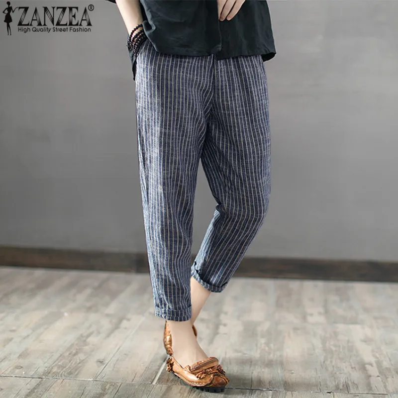 5XL ZANZEA женские шаровары в полоску с высокой талией Длинные повседневные свободные брюки с карманами для работы Femme Pantalon уличная одежда размера плюс