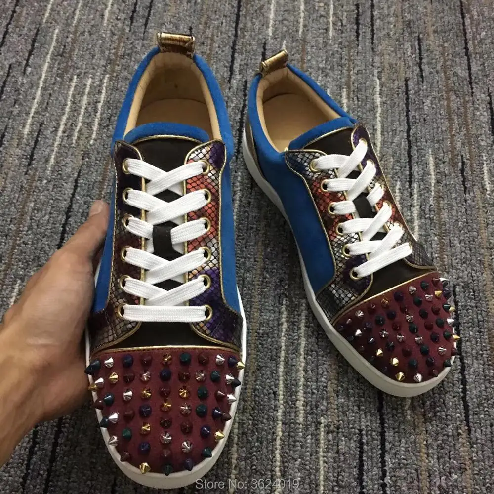 Low Mode Homme Cuir Cut Cl Texture En Andgz Serpent De Bleu Partie Chaussures Dentelle Sneakers Up Casual Multicolore Bas Rouge Rivets Pour Multi j5RAL34q