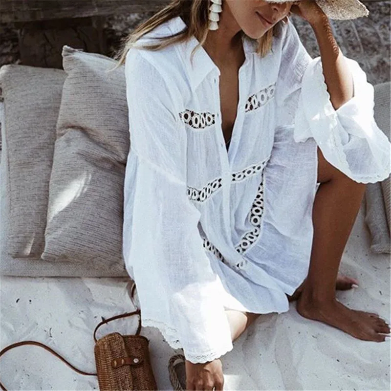 

Hot sale solid white loose women shirt blouse hollow out Sexy Summer Flared long sleeve bathing holiday loose top Beach Clothes