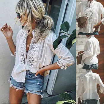 

Autumn Newly Fashion Women Ladies Causal Shirts Blouse Tops Long Sleeve Lace Floral White Cotton Tops Tees