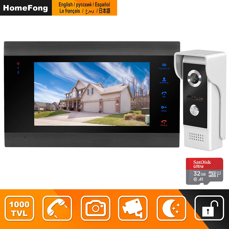

HomeFong WiFi Door Video Phone wireless Video Intercom for Home 7inch HD Monitor IR Doorbell with Motion detection Home Intercom