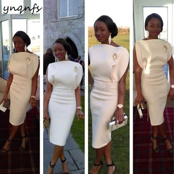 

YNQNFS C8 Chic Satin Dress Party Tea Length Sheath Side Slit Off White Vestido de Festa Robe Cocktail Dresses 2019