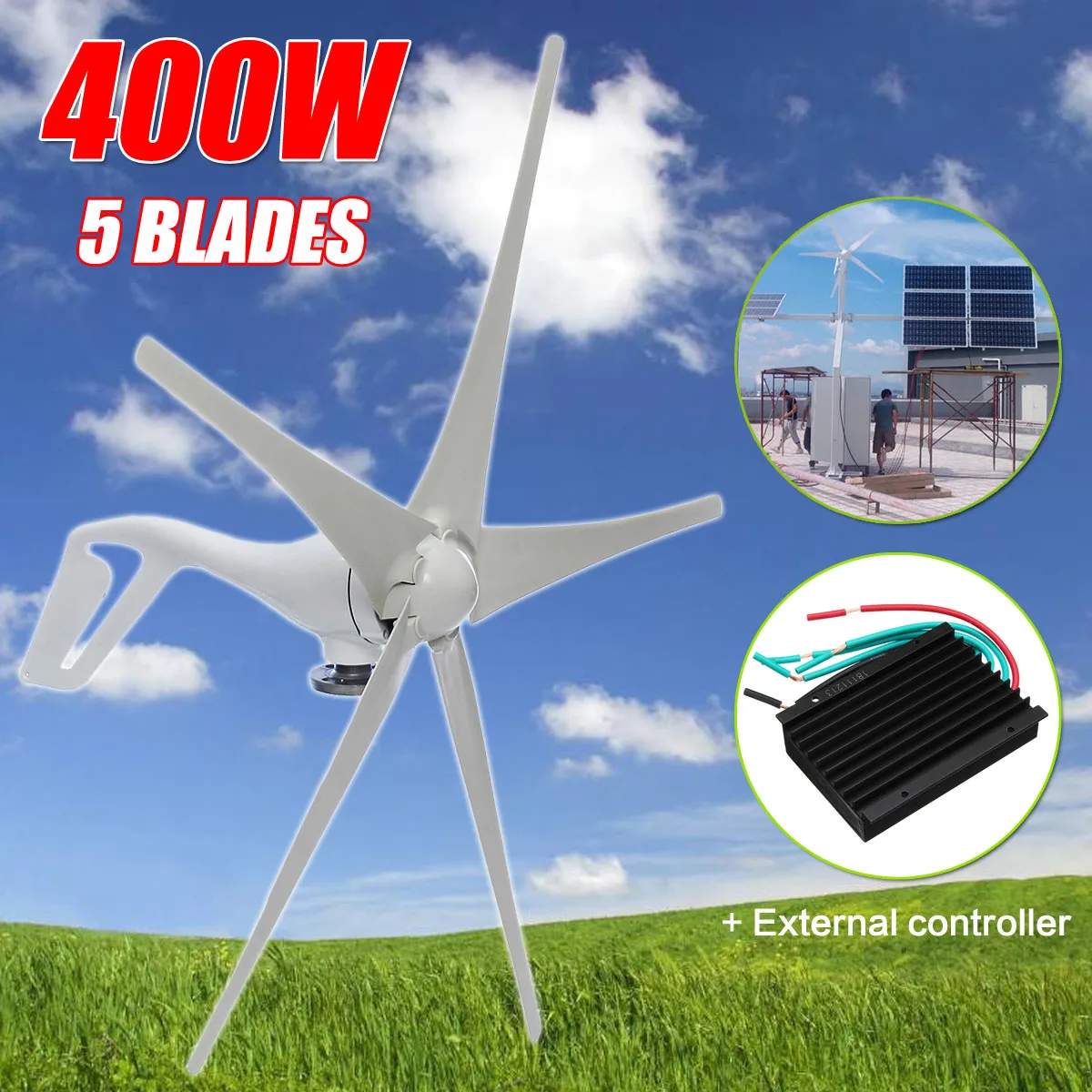 

12V 24V Wind Turbines Generator 400W Wind Generator 5 Blades Wind Power Turbines + 600W External Controller for Home