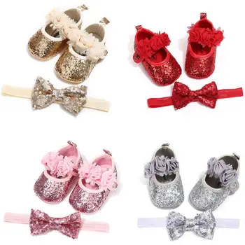 Bowknot paillettes bébé filles chaussures infantile nouveau-né princesse chaussures premiers marcheurs + bandeau bébé fille fête d'anniversaire chaussures
