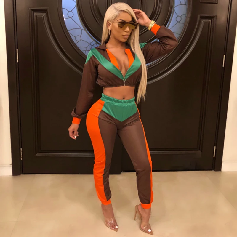 

Fuedage Spring 2 Piece Set Women Streetwear Patchwork Top+Pants Tracksuit Women Long Sleeve Zipper 2 Piece Set Women Outfit