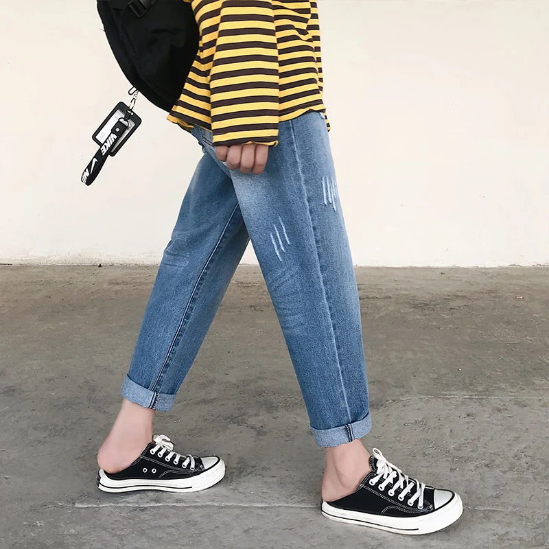 2019 new baggy homme men Holes summer blue Jeans big size Male Nine Part Directly Cuffless Trousers