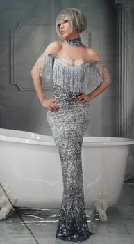 

Free Shipping High Quality High Elastic Print Off The Shoulder Long Bodycon Dress Dj Party Singer Costumes Dress
