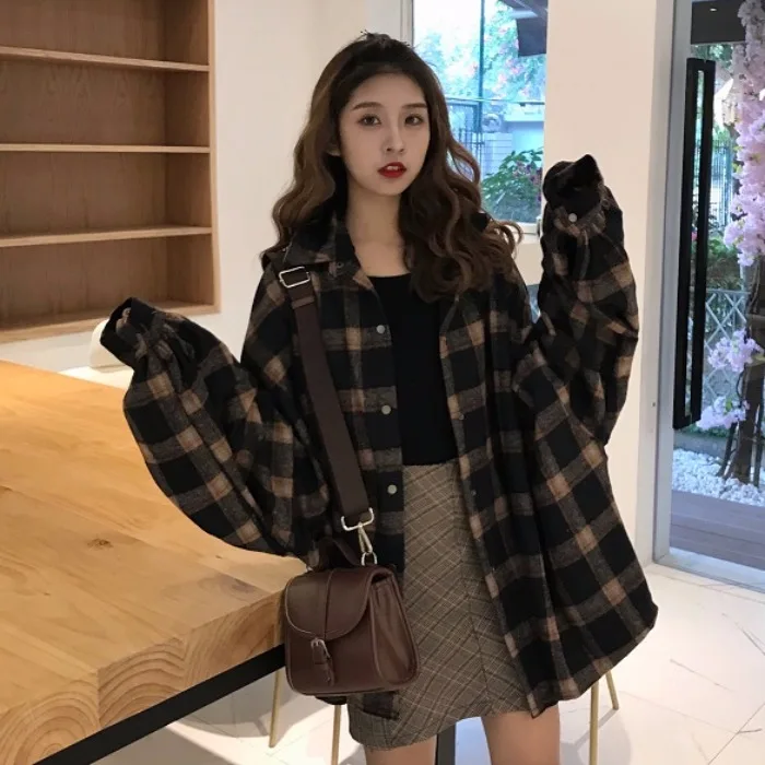

Lychee Girls Plaid Turn Down Collar Women Blouse Shirts Long Sleeve Causal Female Blouses Spring Autumn Loose Shirts