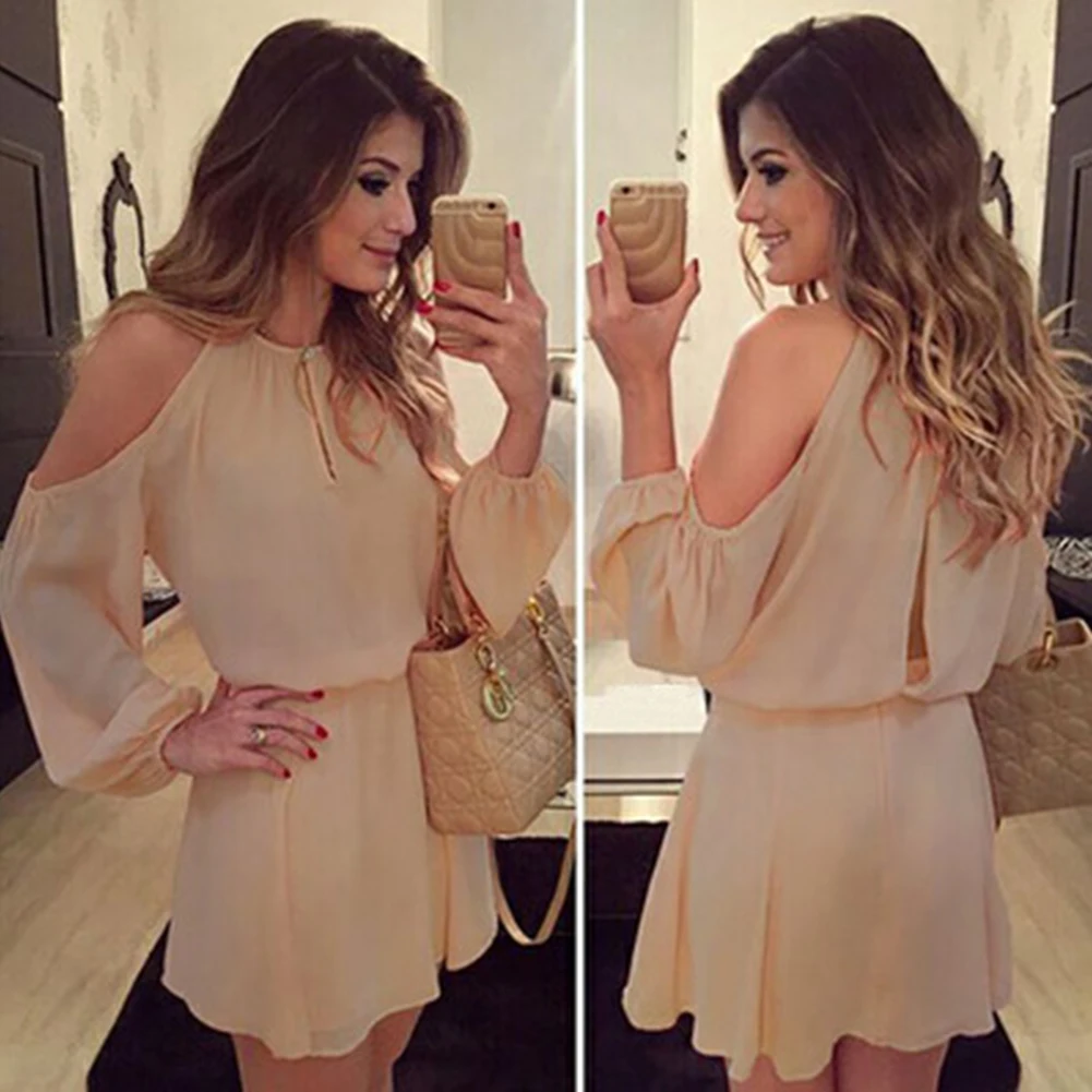 

New Hot Sale Fashion Women Summer Dress Chiffon Off Shoulder Strapless Camisole Dress Solid Color with Long Sleeves