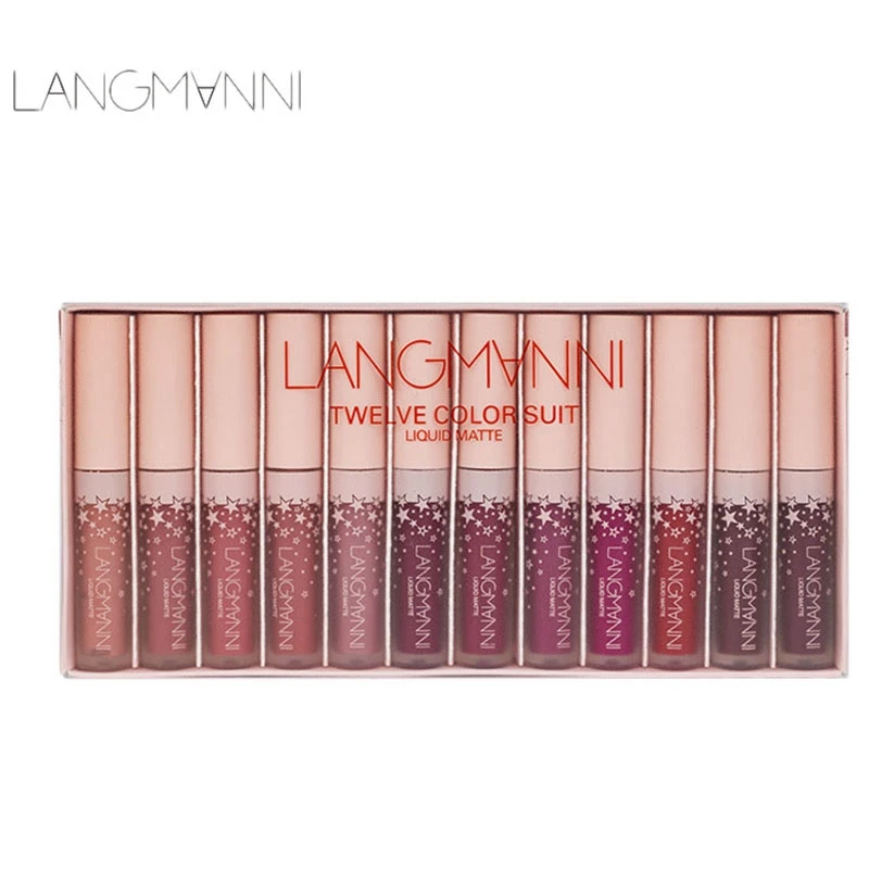 

LANGMANNI 1 Set Of 12 Pink Plastic Matte Lip Gloss Set Non-Stick Cup Can Not Lose Color Makeup Liquid Lipstick