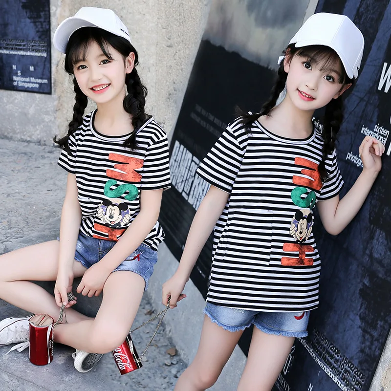 

Children's clothing cartoon letters striped cotton girls T-shirt 2019 summer new fashion short-sleeved round neck baby clothes
