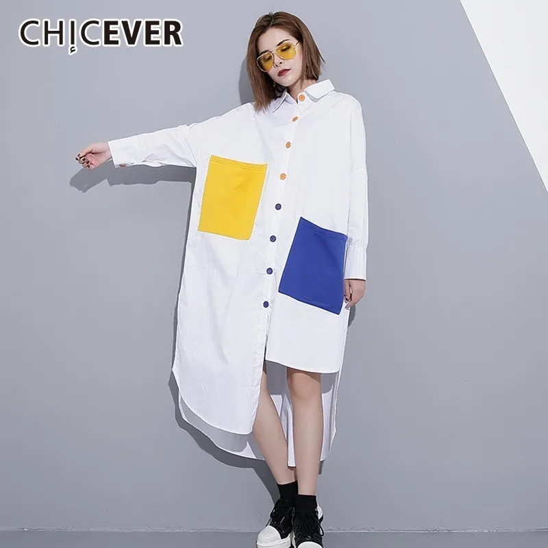 CHICEVER Hit Colors Blouses Women’s Shirts Tops Female Lapel Long Sleeve Single Breasted Hem Split Asymmetric Fashion Tide