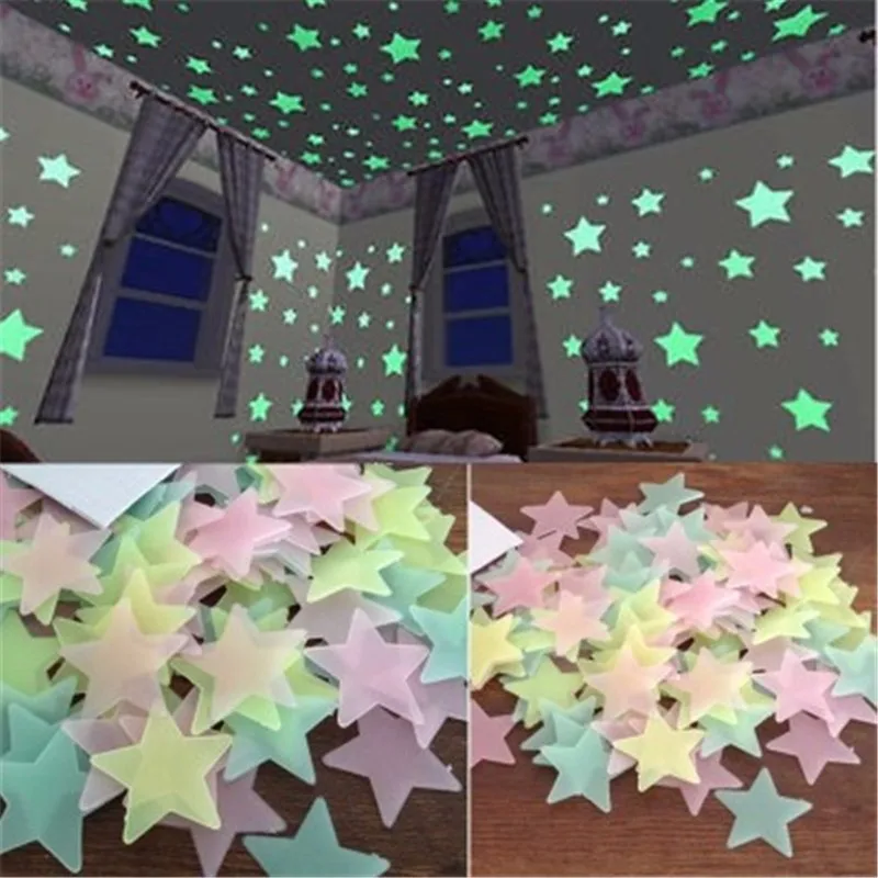 100pcs 3D Stars Glow In The Dark Wall Stickers Luminous Fluorescent