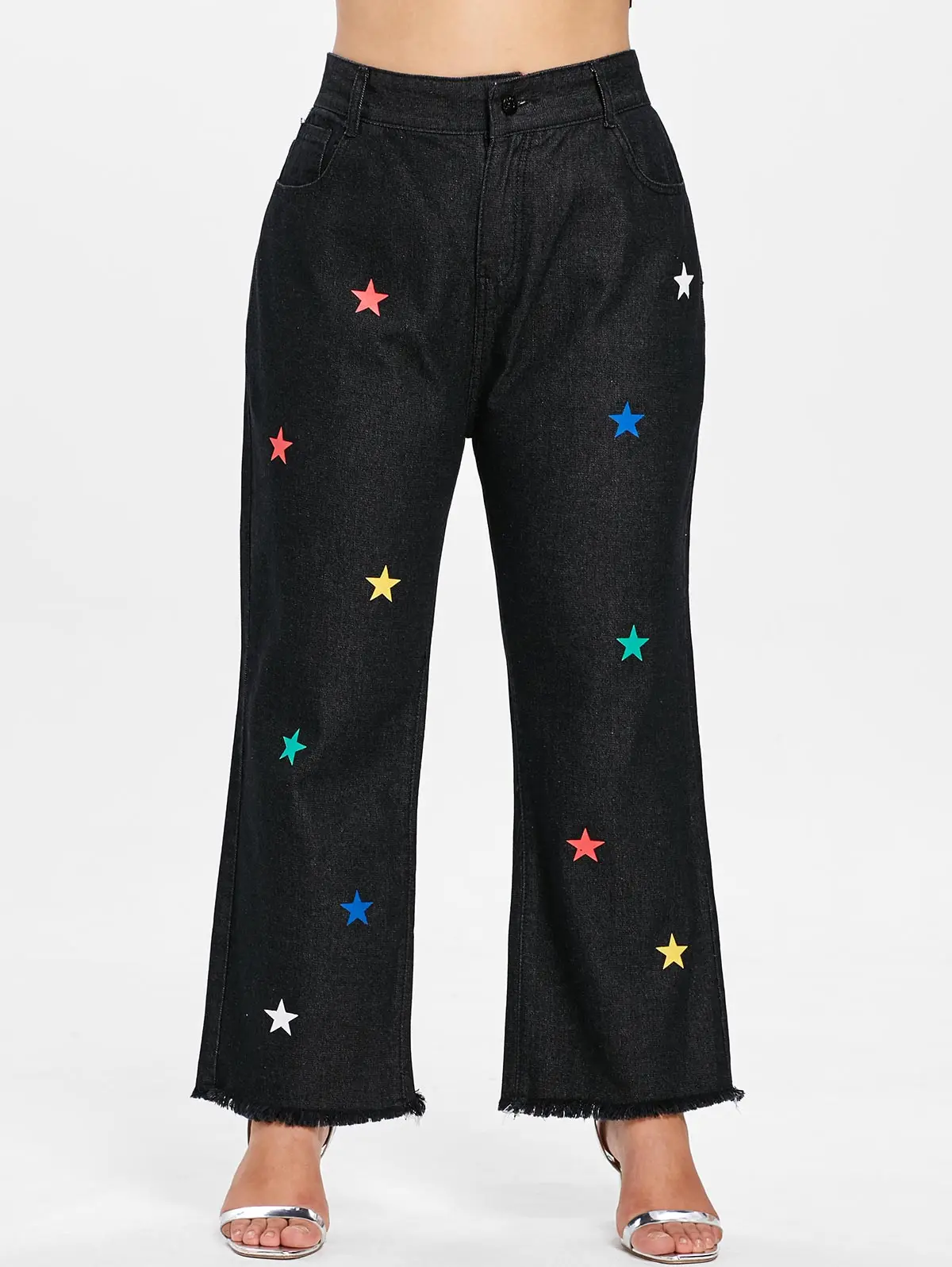 Новые Плюс Размер Звезды Pattern Frayed Hem Джинсы Женщины Повседневная Тонкий