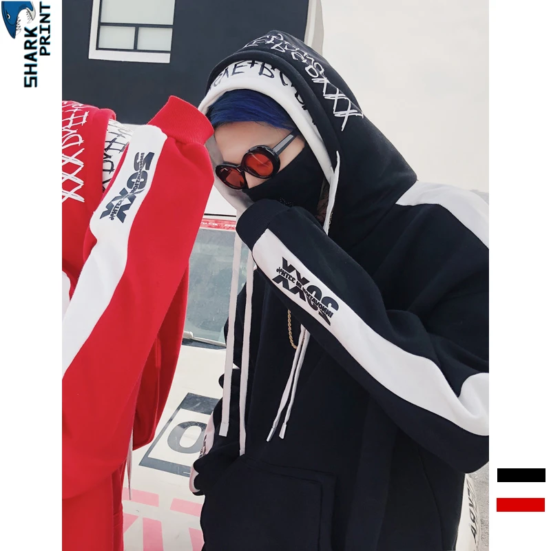 SharkPrint Hip Hop Skateboard Hoodie Street Dance Double Cap Fleece Autumn Winter Oversize Men Women Sports Jacket Casual Coat