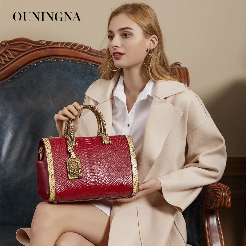 

OUNINGNA Women's Cow Leather Shoulder bag Crossbody Bags Female Fashion Handbag Python lines