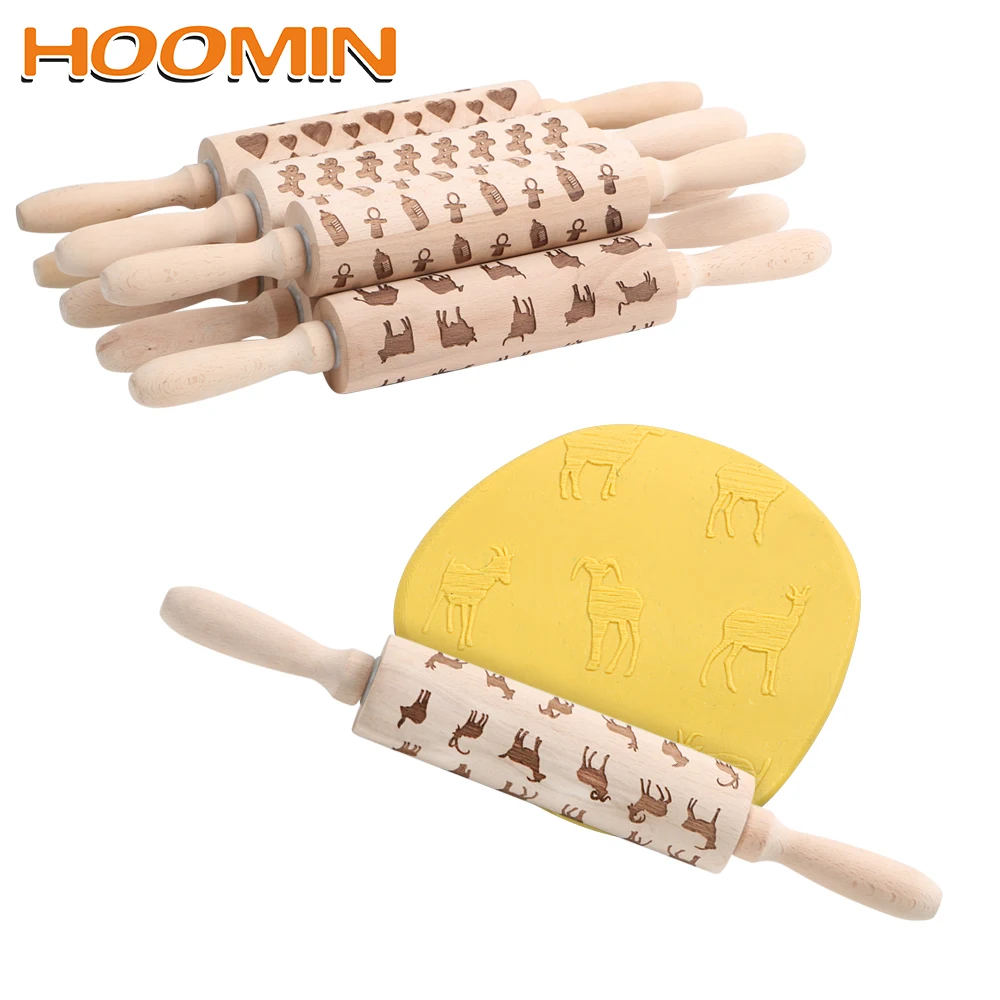 

HOOMIN Dinosaur Cow Sheep Pig Bones Shape Pattern Cookies Biscuit Fondant Cake Dough Roller Embossing Tool Wooden Rolling Pin