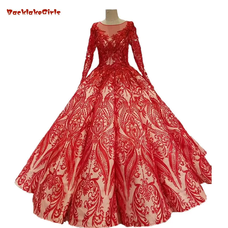 

2018 Muslim Indonesia Red Lace Scoop Long Sleeves Bridal Gowns Floor-length Lace Up Ball Gown Princess Vintage Wedding Dresses