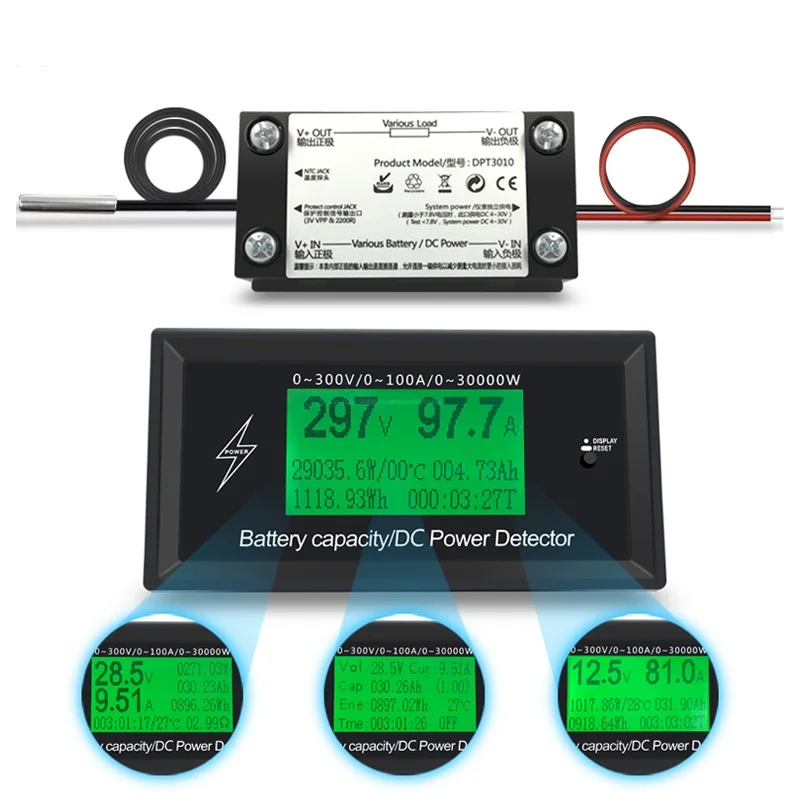 

100A 300V DC Energy Meter Energy Monitoring 8 in 1 Measurement Voltage+Current+Power+Battery+Impedance+Temperature+Time+ Energy