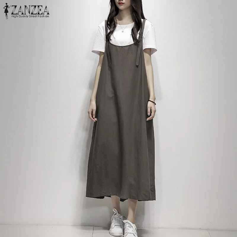 

Vintage Linen Midi Dress 2019 ZANZEA Women's Sundress Plus Size Summer Dress Female Strap Overalls Vestidos Party Robe Femme 5XL