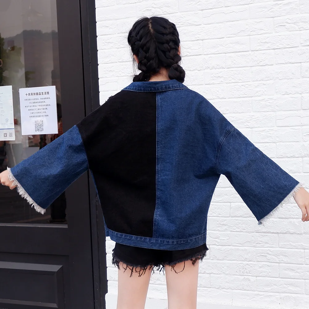 2019 Весенняя новинка Женская мода Изношенные джинсовая куртка Длинные рукава свободные подходящая ко всему рубашка с рукавами «летучая