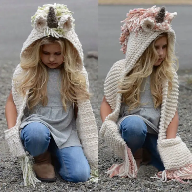 

CANIS 2019 Cute Girls Crochet Cartoon Unicorn Tassel Winter Hat with Scarf Hooded Knitting Long Wrap 2-12T