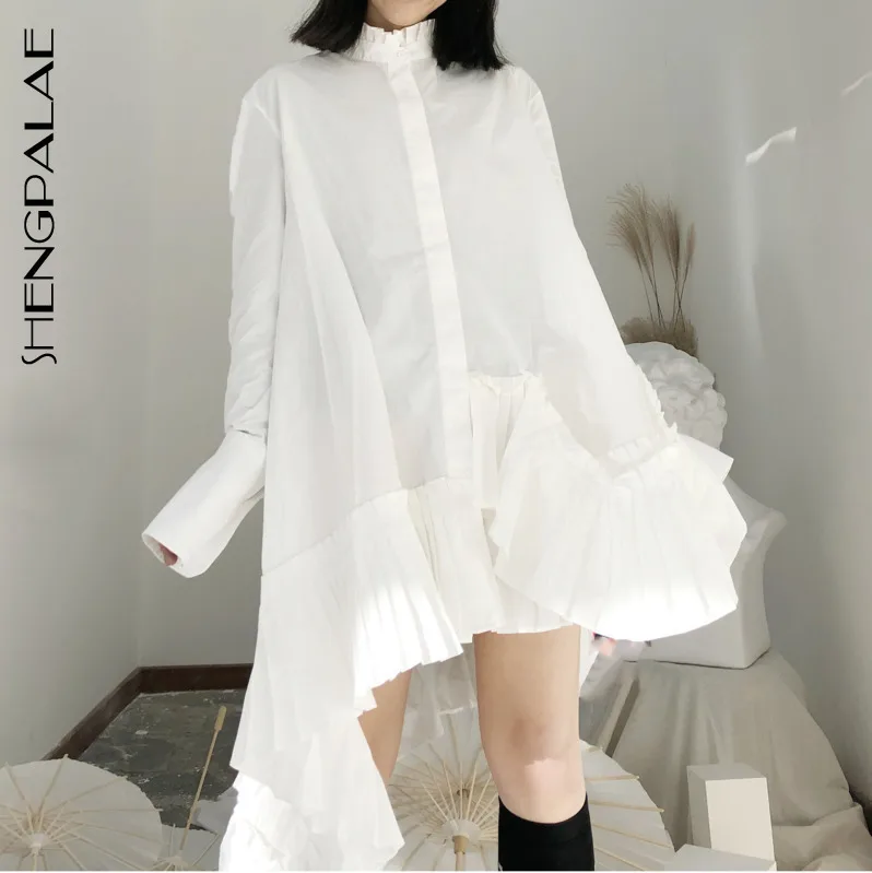 

SHENGPALAE 2019 Summer Blouses Female Stand Collar Long Sleeve Black Irregular Hem Spring Korean Fashion Women's Shirt JI824