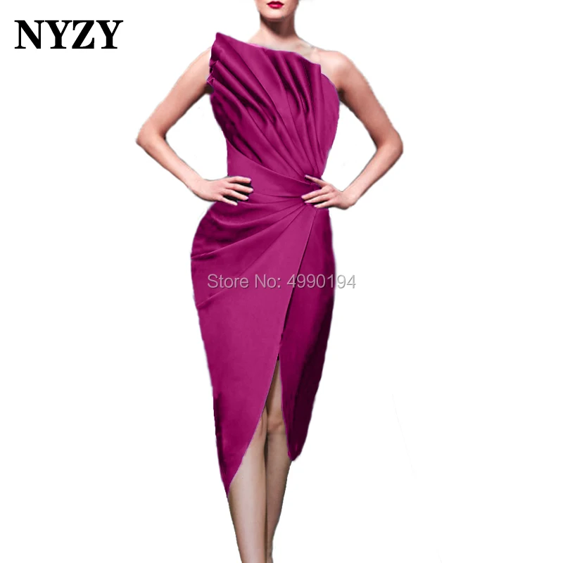 NYZY C102 Robe Cocktail Dress Emerald Green Satin High Slit One Shoulder Evening Dress Short vestido coctel
