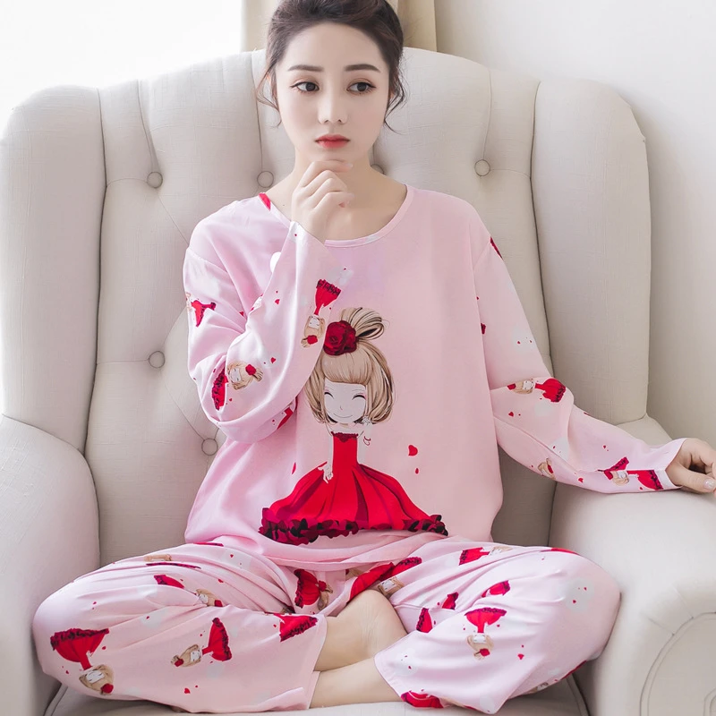 

2019 Pajama Sets For Women Long Sleeve Thin Cartoon Print Cute Loose Sleepwear Girl Pijamas Mujer Leisure Nightgown Female
