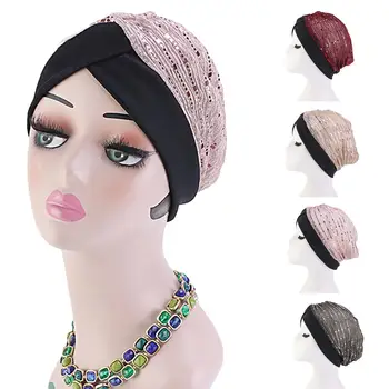 

2019 Spring New Sequin Mesh Ruffle Turban Women Muslim Indian Hat Hair Loss Chemo Cap Headwrap Female Hair Loss Hat Accessories