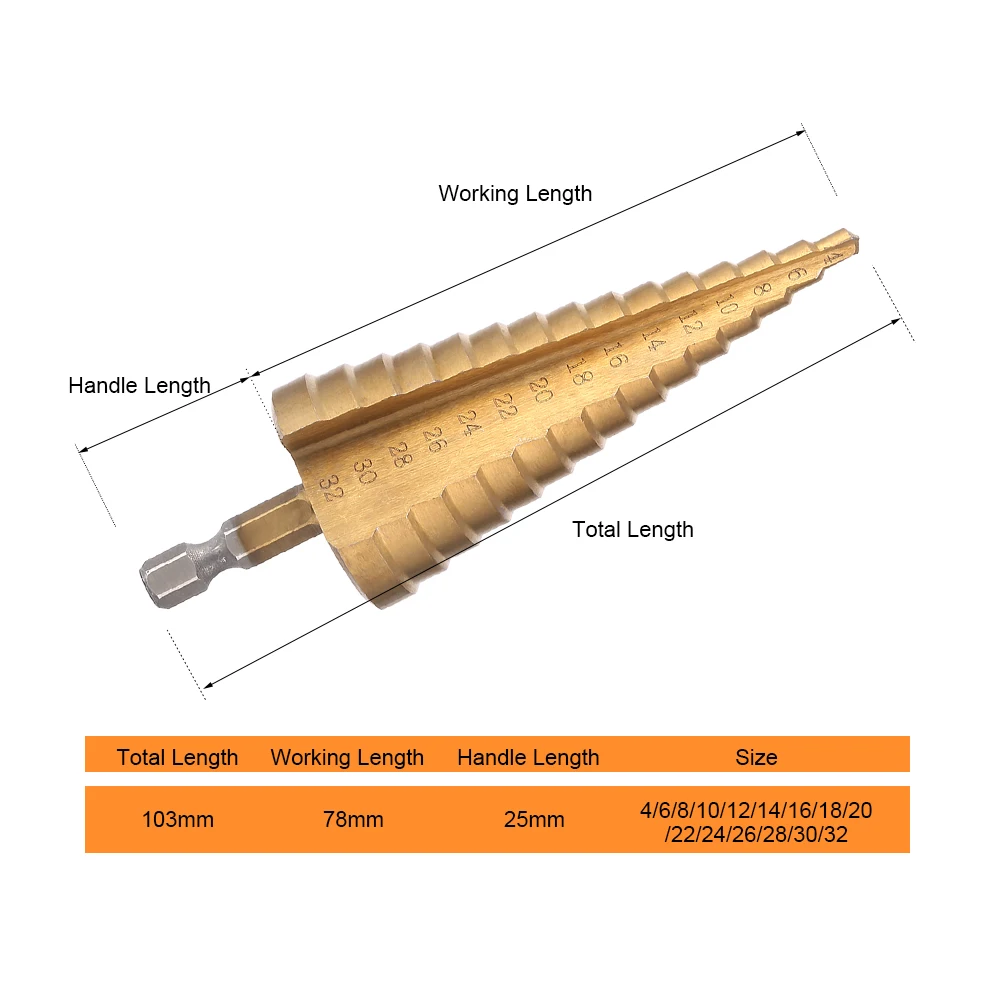 Jelbo 1PCS High Speed Steel Titanium Coated 4-32mm Step Drill Bit Power Tool Woodworking Wood Metal Drill Bit Set